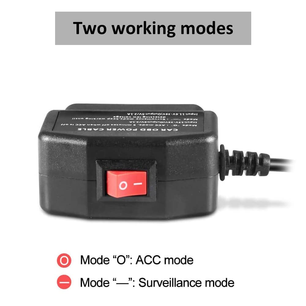 EnruigeOK Universal OBD OBD2 Power Cable for Dash Camera 24 Hours Surveillance/Acc Mode with Switch Button, 3Pin OBDII Adapter Hardwire Charger Cable