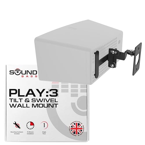 Sound Bass Play 3 Wall Mount Black, Compatible with Sonos Play:3, Adjustable Swivel & Tilt Mechanism, Mounting Bracket Includes All Fixings