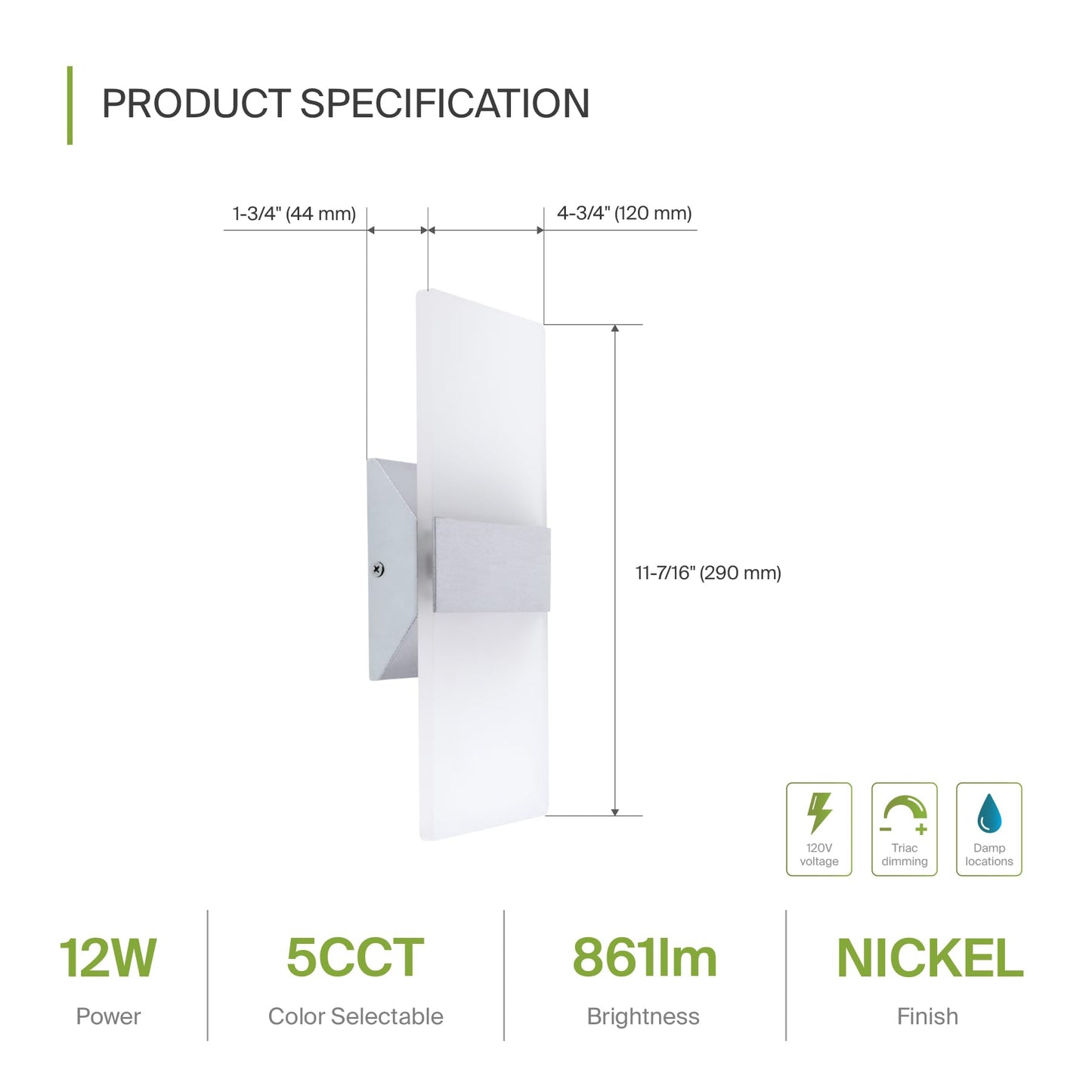 ASD 12 Inch Indoor LED Wall Sconce - 12W 2700K-5000K Dimmable Brushed Nickel Wall Sconce Lights for Living Room, Bedroom, Bathroom, Hallway - Modern