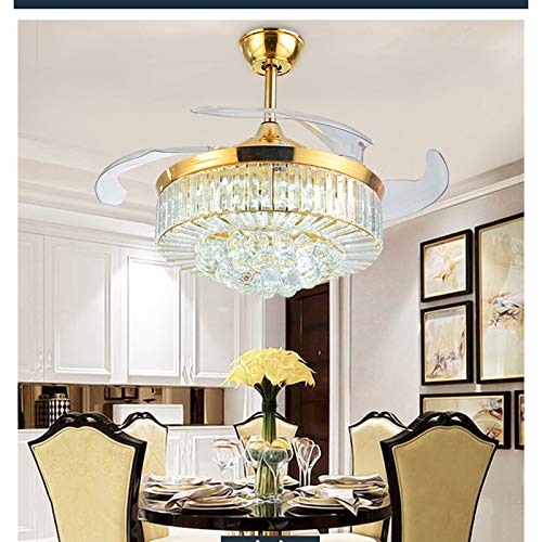 36/42inch Modern Luxury K9 Crystal Ceiling Fan with 4 Retractable Blades 3 Speeds Silent Ceiling Fans Lighting Fixture LED Light for Home Restaurant