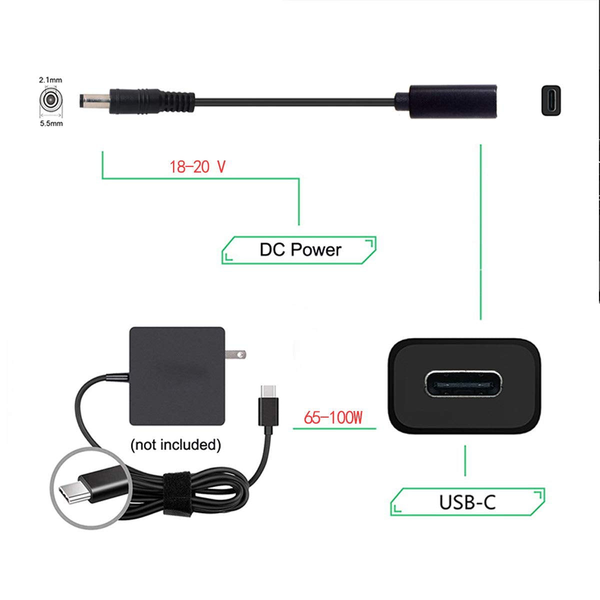 cablecc Type C USB-C Female Input to DC 5.5x2.1mm Power PD Charge Cable fit for Laptop 18-20V