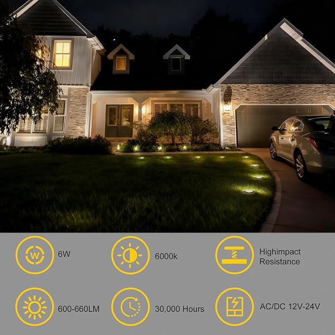 JESLED Outdoor Landscape Lights, 6W LED In Ground Well Lights, 12V 24V 3000K Warm White, IP67 Waterproof Low Voltage Landscaping Spotlight