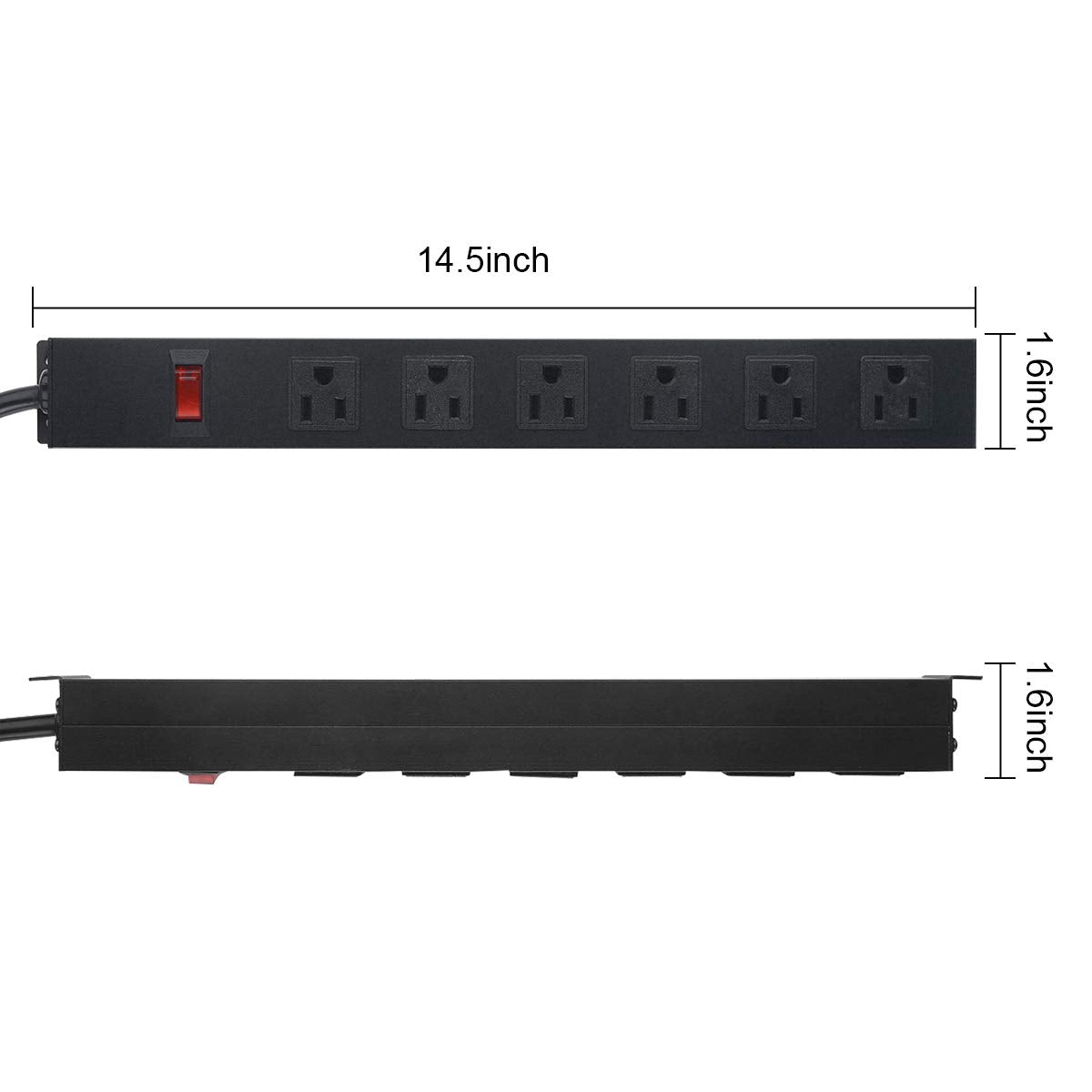 Metal Wall Mount Power Strip, Mountable Power Outlet with 6 AC Outlets, Aluminum Alloy Mount Power Socket with Switch, 6 FT SJT 3/C 14AWG Power Cord