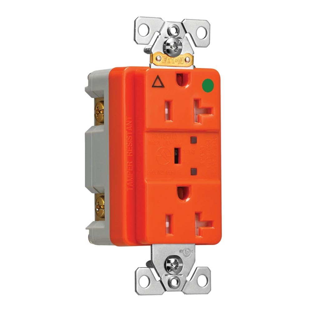 Eaton TRIG8362RNS 20 Amp TVSS Surge Protection Duplex Receptacle w/Alarm and LED Indicators, Hospital Grade, Tamper Resistant, Orange w/LED Indicators