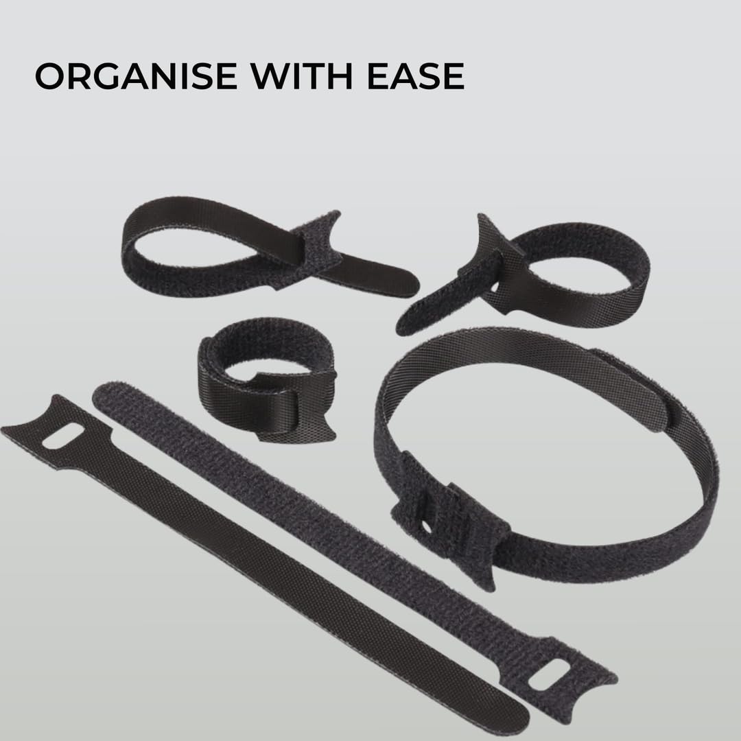 H&S Nylon Reusable Cable Ties for Cord Management - 50pcs - Adjustable Nylon Hook and Loop Straps - Strong Black Wire Organizer