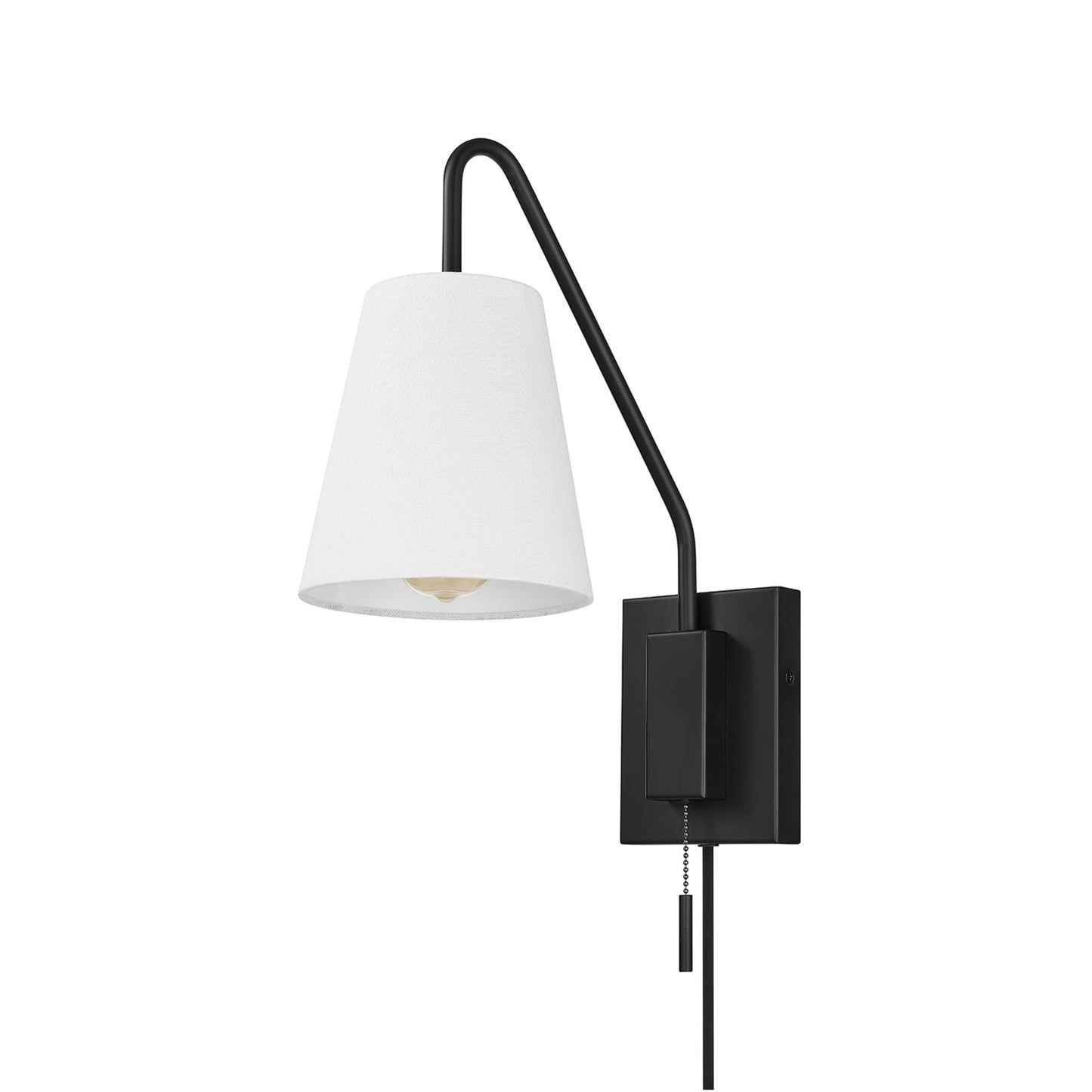 Globe Electric 65000043 1-Light Plug-in or Hardwire Wall Sconce, Matte Black, White Fabric Shade, Swing Arm, 6ft Black Braided Fabric Cord, On/Off