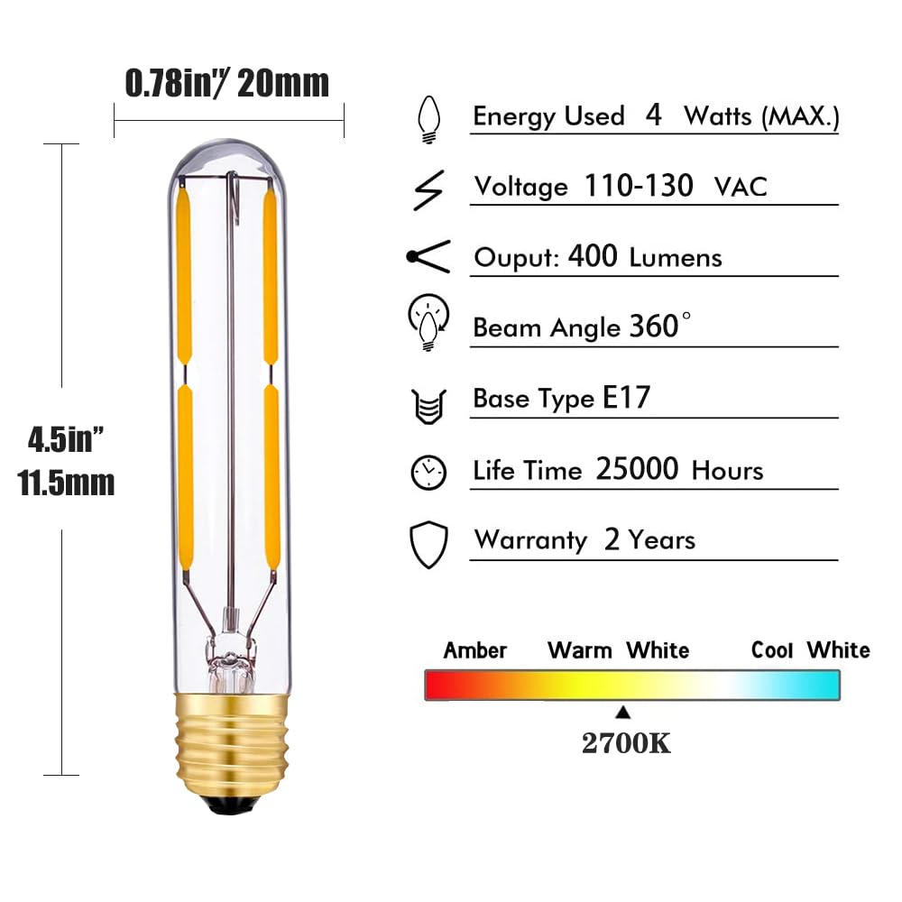 T20/T6.5 Dimmable 4W Tubular LED Tube Bulb E17 Intermediate Base, Appliance Light Bulbs 40 Watt Incandescent Equivalent, 2700K Warm White Edison Style