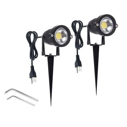 WeFoonLo 2 Pack Outdoor Landscape Lighting 5W COB LED Spotlights for Garden Lawn Wall Yard Path with Spiked Stand and Plug Adapter (Cool White)