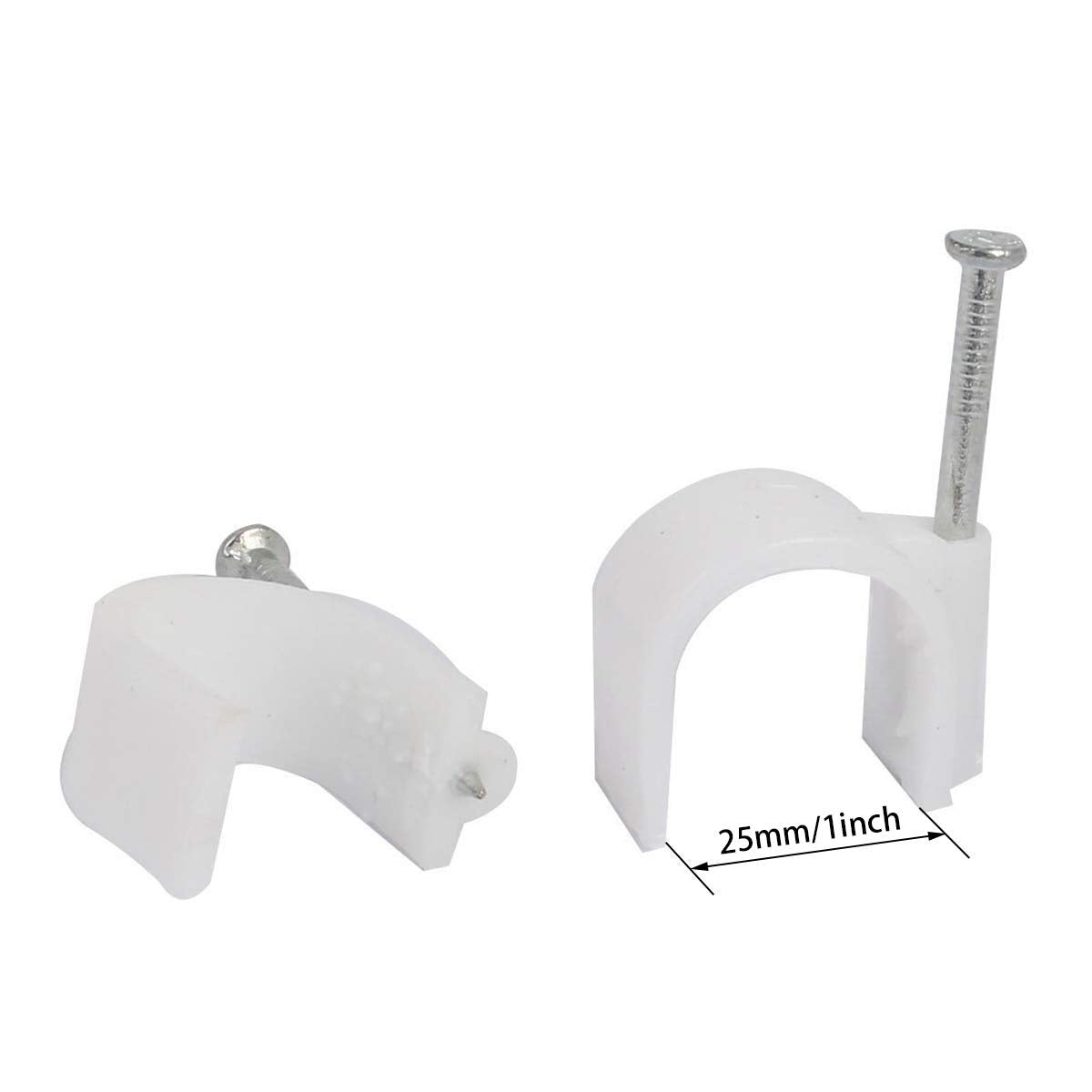 100PCS- 25mm Diameter Cable Clip - PVC Material - White - with Nails - Durable, Helps Organize coaxial Cable, Ethernet, Other Power Cords.?25mm?
