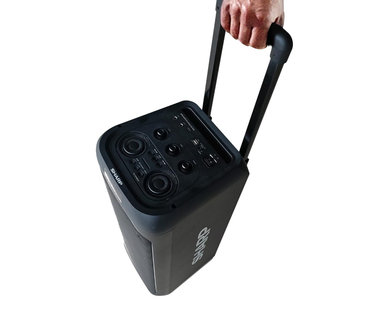 Sharp PS-935 Party Speaker System with Microphone - Bluetooth Portable Loud Speaker - Luggage-Style Handle and Wheels!