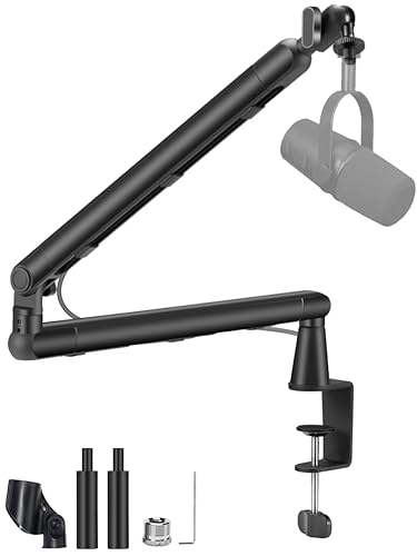 BOSEEN Low Profile Mic Arm Stand,Adjustable Desk Clamp Mic Boom Arm with 360°Swivel and Detachable Rise Column?Built-In Cable Management,with Mic Clip