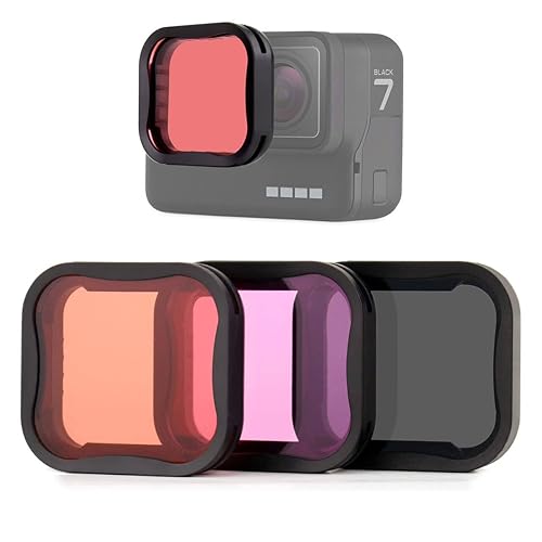 GEPULY 3 Pack Camera Lens Filter Set for GoPro Hero 5/6/7 Black/Hero (2018) Cameras, ND8 Filter Dive Filters(Light Red and Magenta Filter) - Used