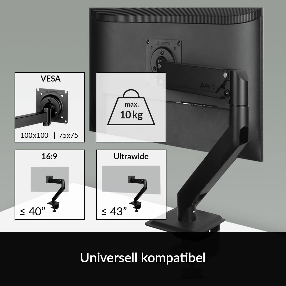 ARCTIC X1-3D - Monitor Arm with Extendable Gas Arm, Support Monitor up to 40" Ultrawide, up to 10 kg/22 lbs, with Cable Management, Adjustable - Black