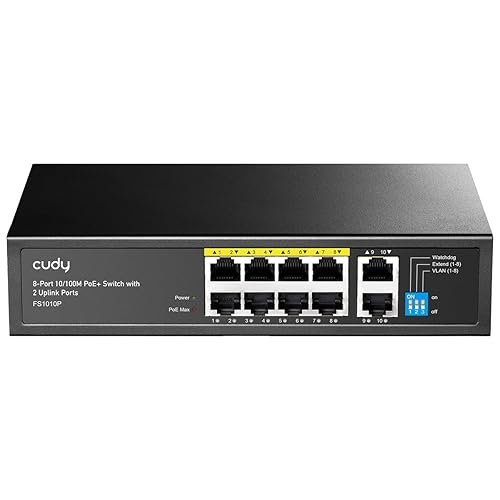 Cudy 8 Port PoE+ Switch with 2 Uplink Ports 120W, 8 10/100Mbps PoE+@120W, Extend/VLAN Mode, 802.3af, 802.3at Standard, Fanless, Watchdog, Plug