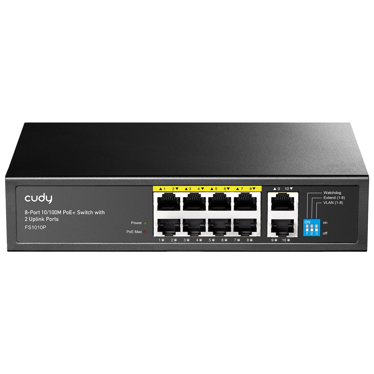 Cudy 8 Port PoE+ Switch with 2 Uplink Ports 120W, 8 10/100Mbps PoE+@120W, Extend/VLAN Mode, 802.3af, 802.3at Standard, Fanless, Watchdog, Plug