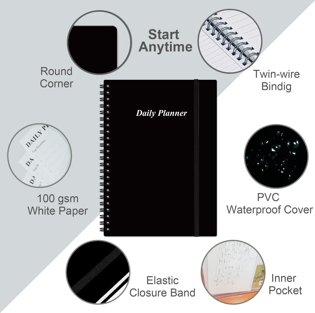 Daily Planner Undated - A5 To Do List Notebook Hourly Schedules, Spiral Appointment Planner for Women and Men, PVC Hardcover, Inner Pocket, Elastic