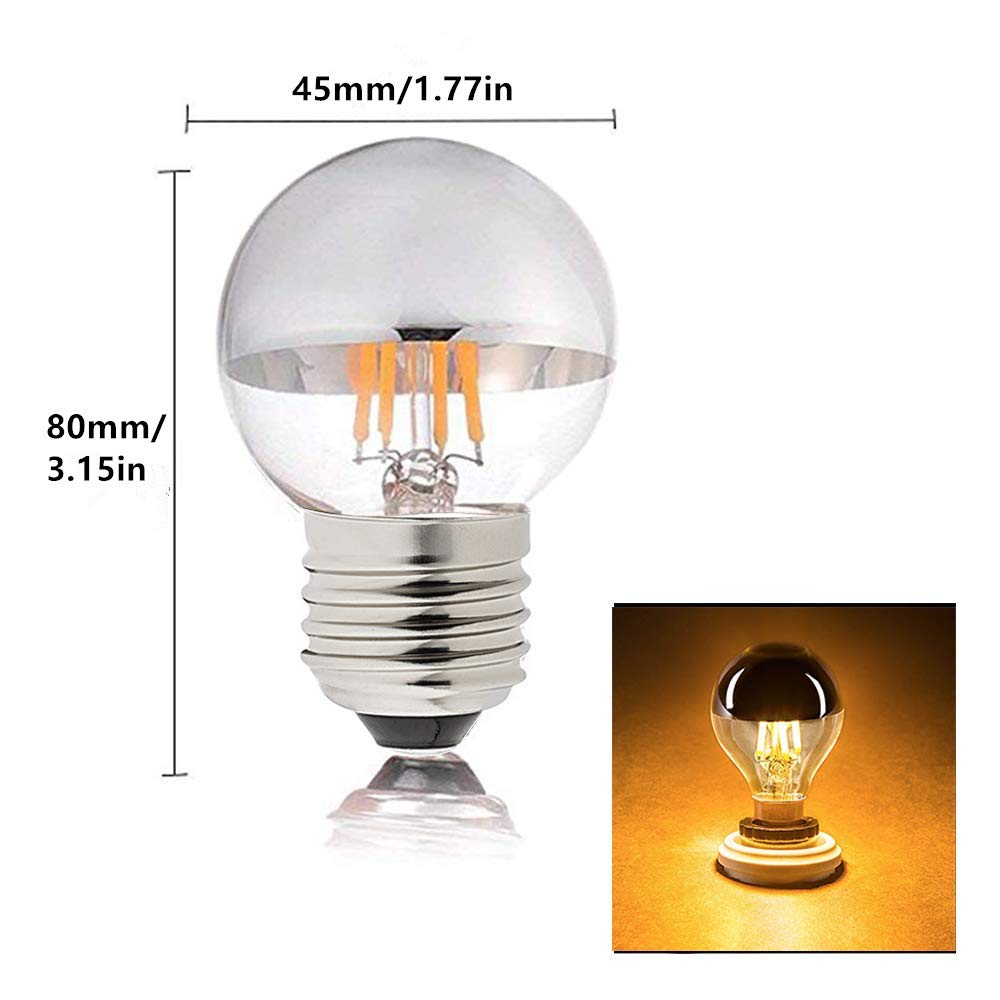 Lxcom Lighting 4W G45 Edison LED Bulb Silver Tipped Dimmable Vintage LED Filament Bulbs (4 Pack) - E26 Base G45 Antique Half Chrome, Warm White 2700K