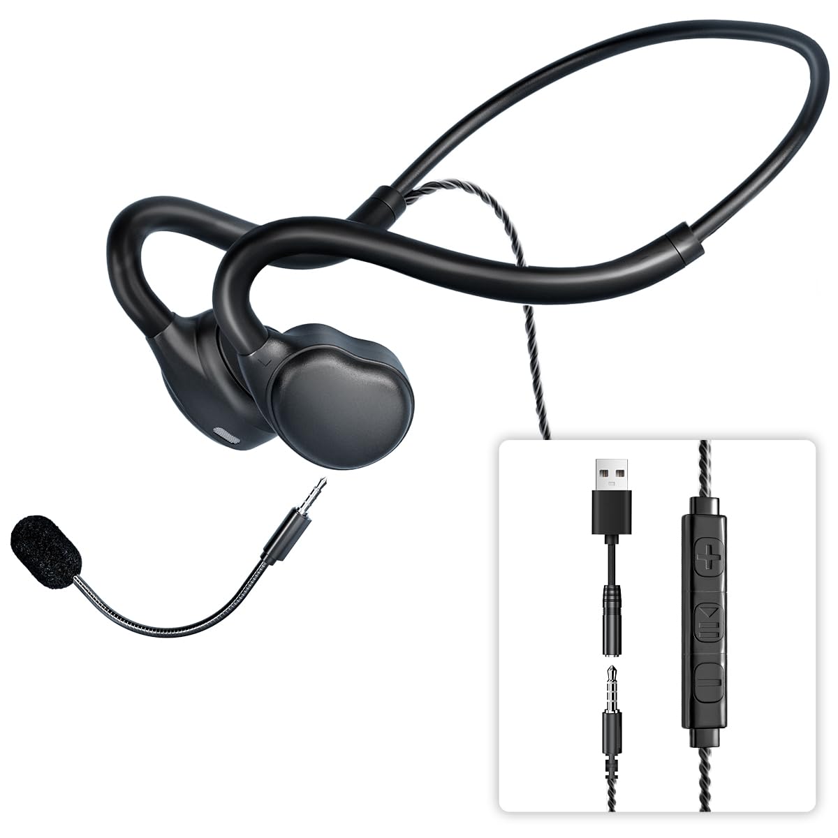 QOEKUEY Open Ear Headphones with Microphone Detachable, Crystal Cable, 3.5mm + USB Wired Audio Control- Black