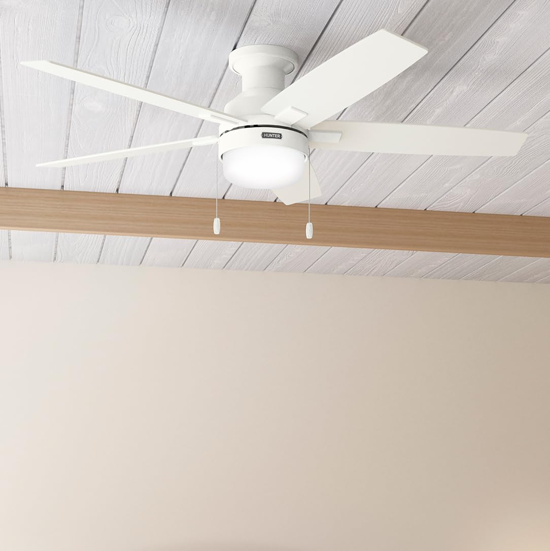 Hunter Fan 52 inch Indoor Ceiling Fan with LED Light, White Ceiling Fan with Pull Chain, for Bedroom or Living Room, No Remote, 5 Blades (Renewed)