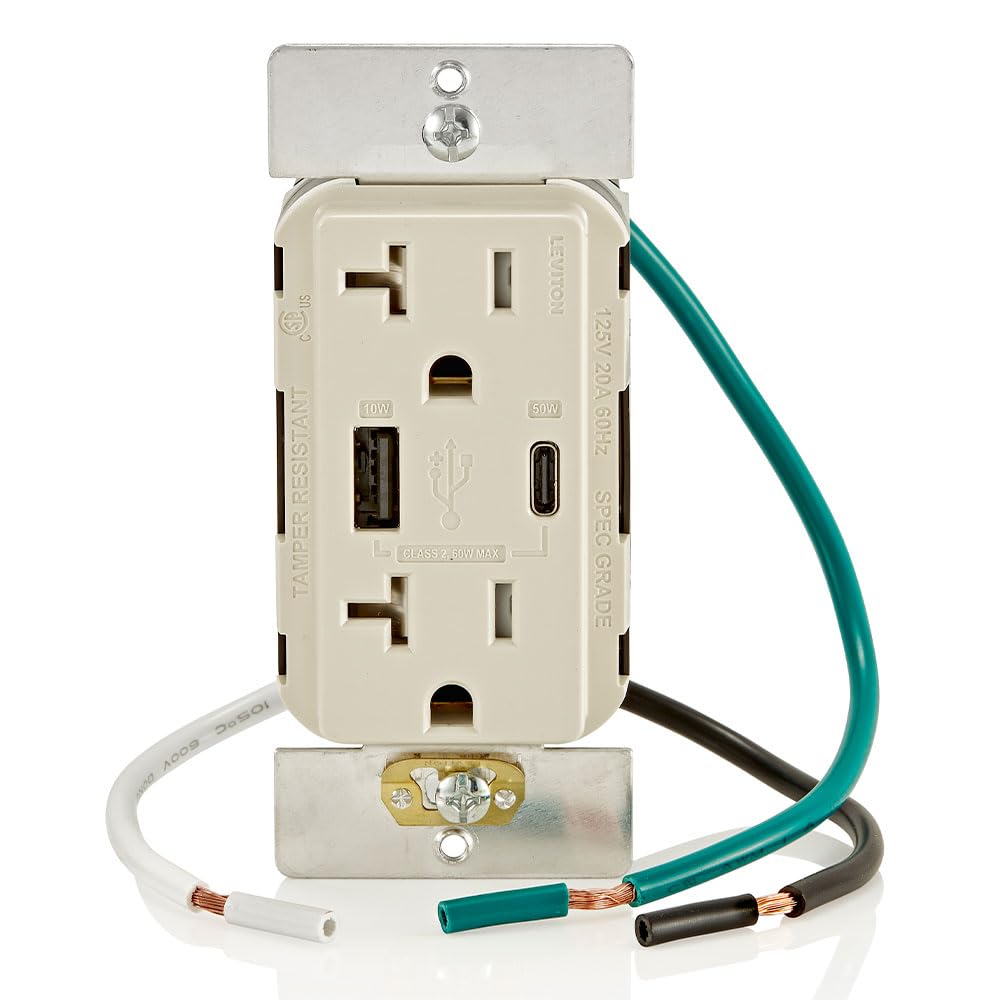 Leviton T5834-T 60W (20V@2.5A+ 5V@2A) USB Dual Type A/Type-C Power Delivery in-Wall Charger with 20A Tamper-Resistant Outlet, USB Charger