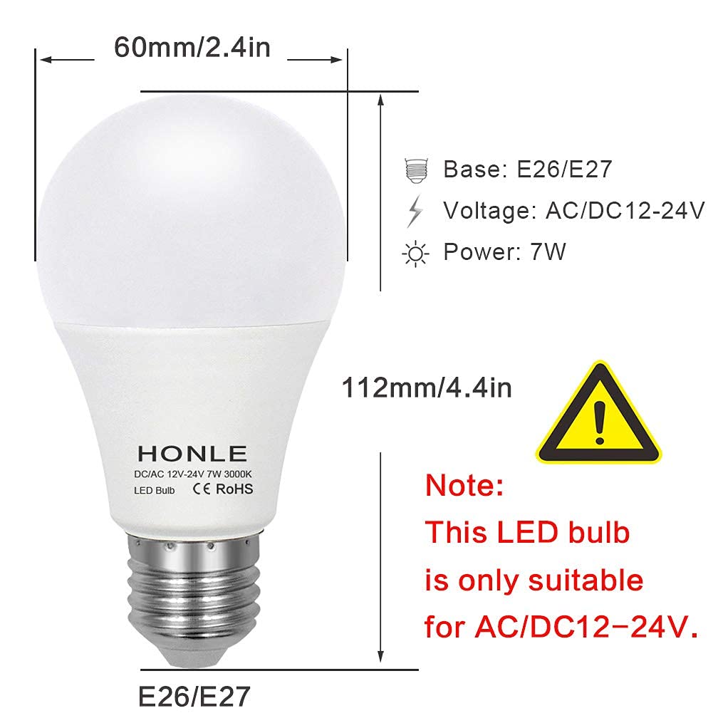 Honle E26 LED Light Bulbs AC/DC 12V 24V Low Voltage 7W Warm White 3000k Standard Edison Base 60w Halogen Bulb Equivalent A19 for Rv, Off Grid Solar