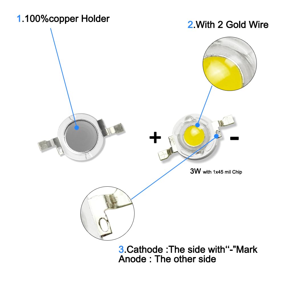 GuuYebe LED Chip, High Power Bulb Lamp Bright Lighting Natural White 3W (4000K - 4500K / 3 Watt / 600mA - 700mA / DC 3V - 3.4V) DIY 10 pcs