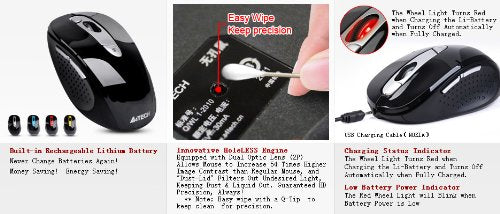 A4Tech G11-570 Rechargeable Lithium Ion Battery Pinpoint Optic Shuttle Series Wireless USB Mouse (Red)