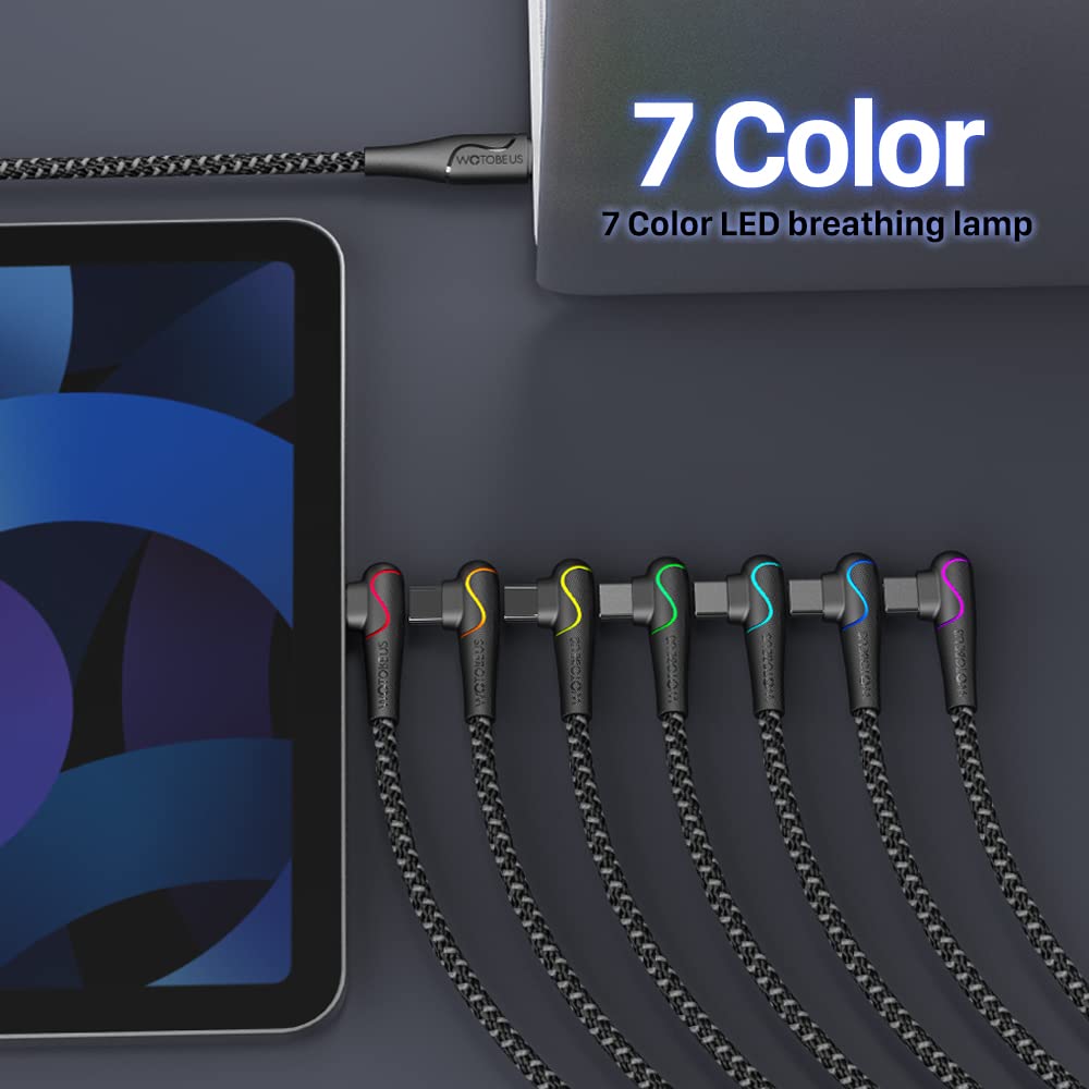 WOTOBEUS USB C to USB C Cable (2-Packs,10ft+3ft), with LED Rainbow Flow 7 Colors, 5A PD 100W PPS 45W Super Fast Charging Cable Right Angle, for iPhone