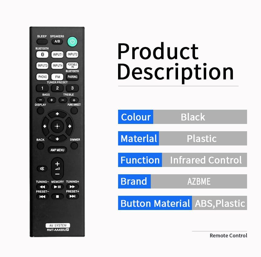 RMT-AA400U Replacement Remote Control for Sony Stereo RMTAA400U STRDH190 STR-DH190 AV Receiver Home Theater System