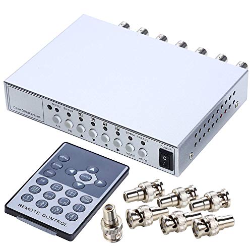 UHPPOTE 4 Channel Color Quad System Video Splitter CCTV DVR Camera Processor Remote Control with 7 BNC Adapter