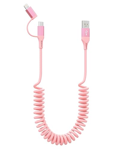 USB to Lightning and USB C Cable 2 in 1 Coiled Pink iPhone Charger - Pink Car Charger Lightning USB C Combo Cable Support Apple Carplay & Android…
