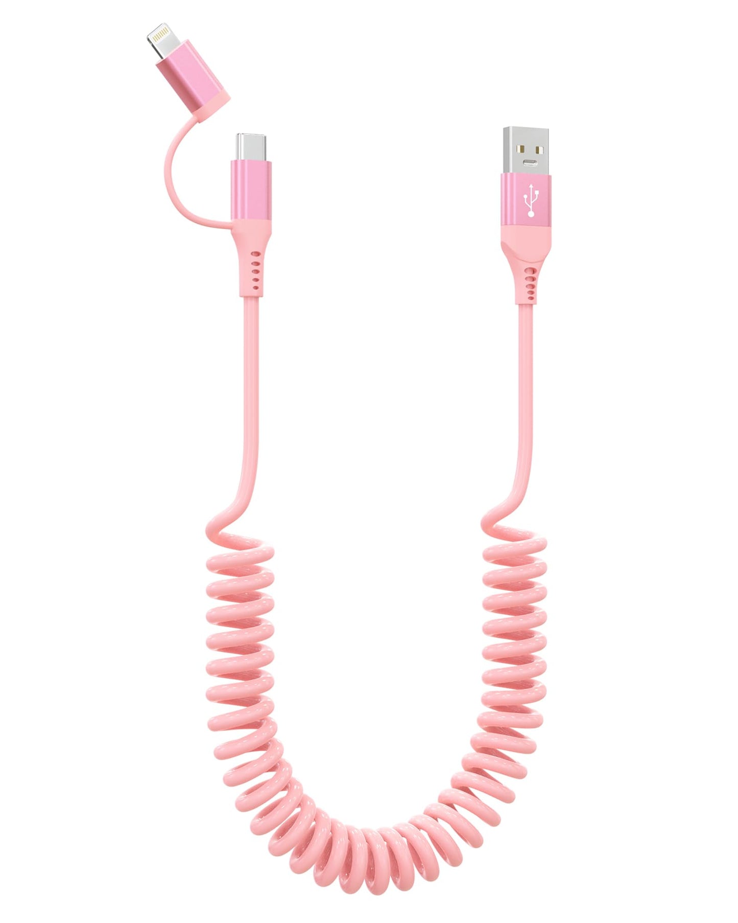 USB to Lightning and USB C Cable 2 in 1 Coiled Pink iPhone Charger - Pink Car Charger Lightning USB C Combo Cable Support Apple Carplay & Android…