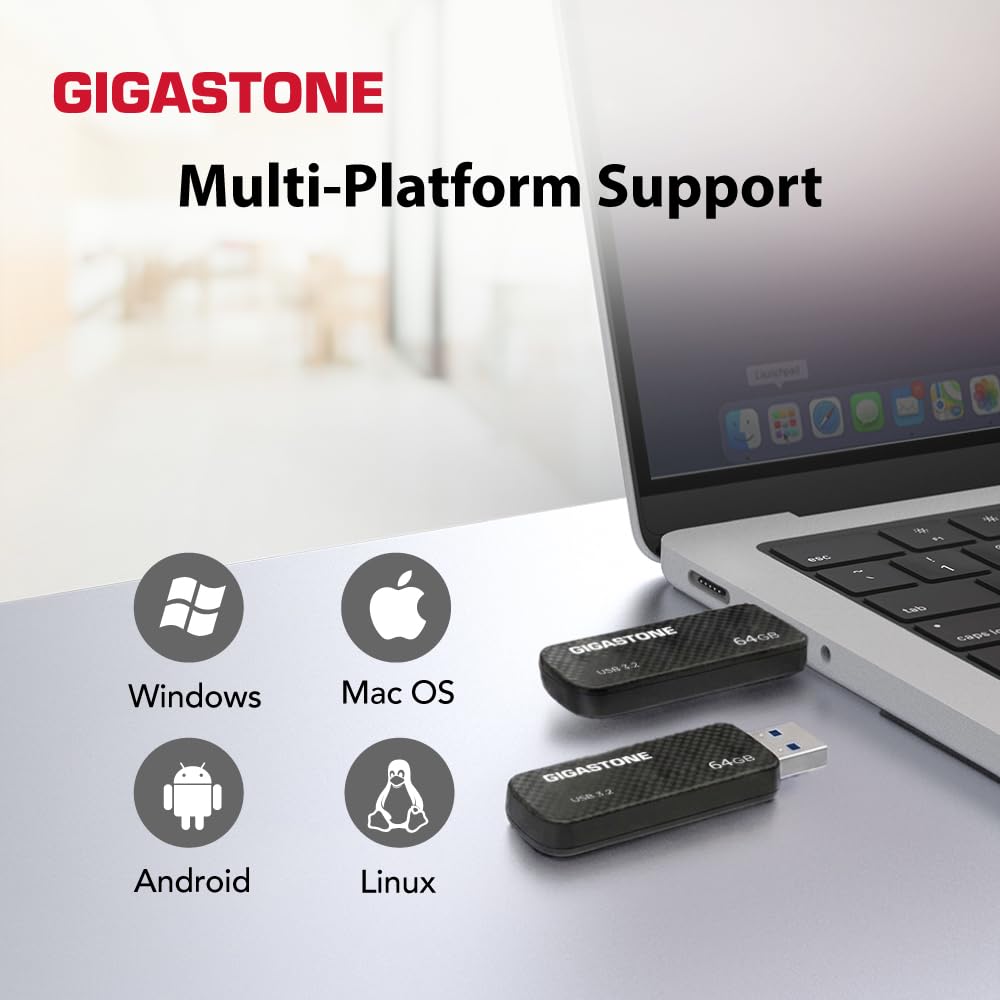 GIGASTONE 64GB USB 3.2 Flash Drive, 80MB/s High-Speed Data Transfer, Carbon Fiber Design, Retractable