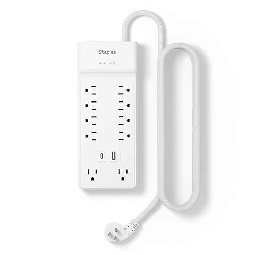 Staples TECH 10?Outlet Surge Protector with 2 USB Charging Ports and 6 ft. Braided Cord with Flat Offset Plug - Ideal for Home & Office, 3000 Joules