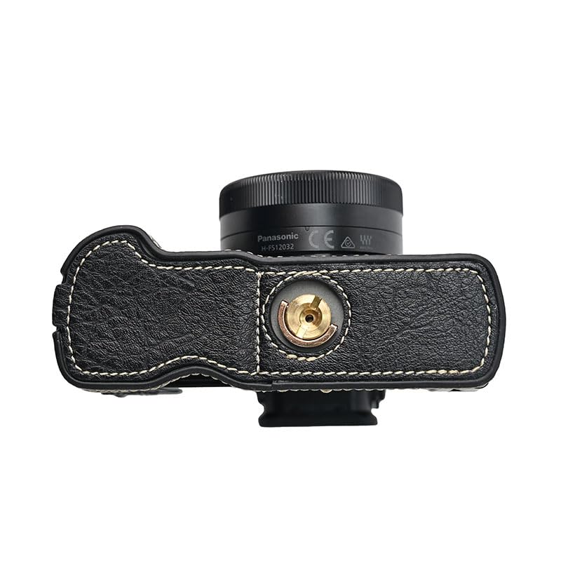 G100K Case, BMAOLLONGB Handmade PU Leather Half Camera Case Bag Cover Bottom Opening Version for Panasonic Lumix G100K with Neck Strap (Black)
