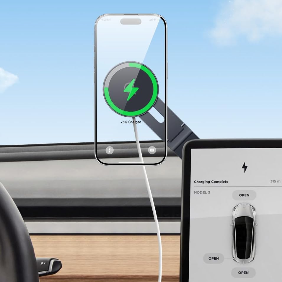Kaisepoch Tesla Phone Mount Charger: 15W Wireless Car Phone Holder for Tesla Model 3/Y Accessories ? Strongest N52 Magnet + 360° Adjustable + Foldable