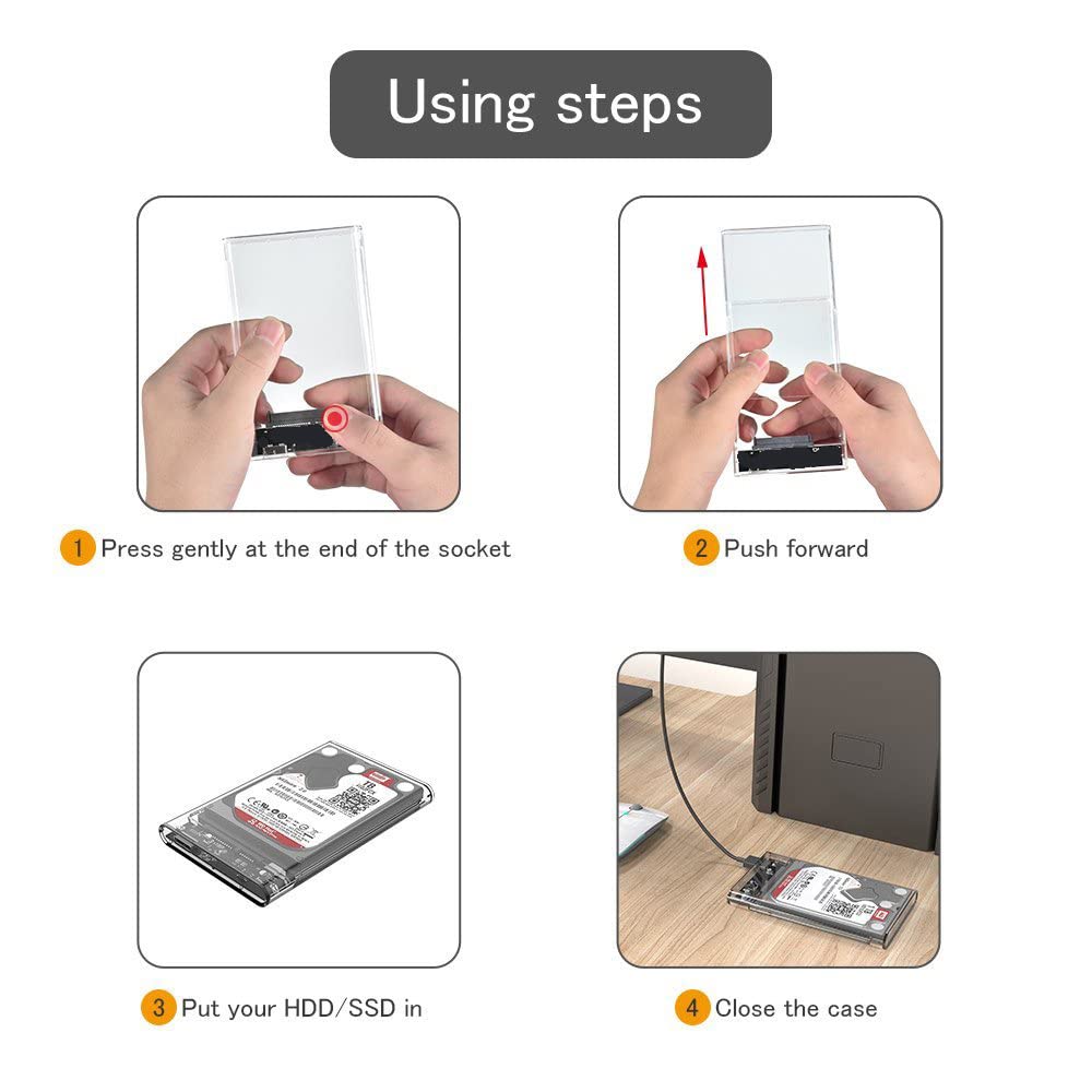 Reletech 2.5 Inch External Hard Drive Enclosure, SATA to USB 3.1 Tool-Free Clear for 2.5 Inch SSD & HDD 9.5mm 7mm External Hard Drive Case SSD Max 2TB