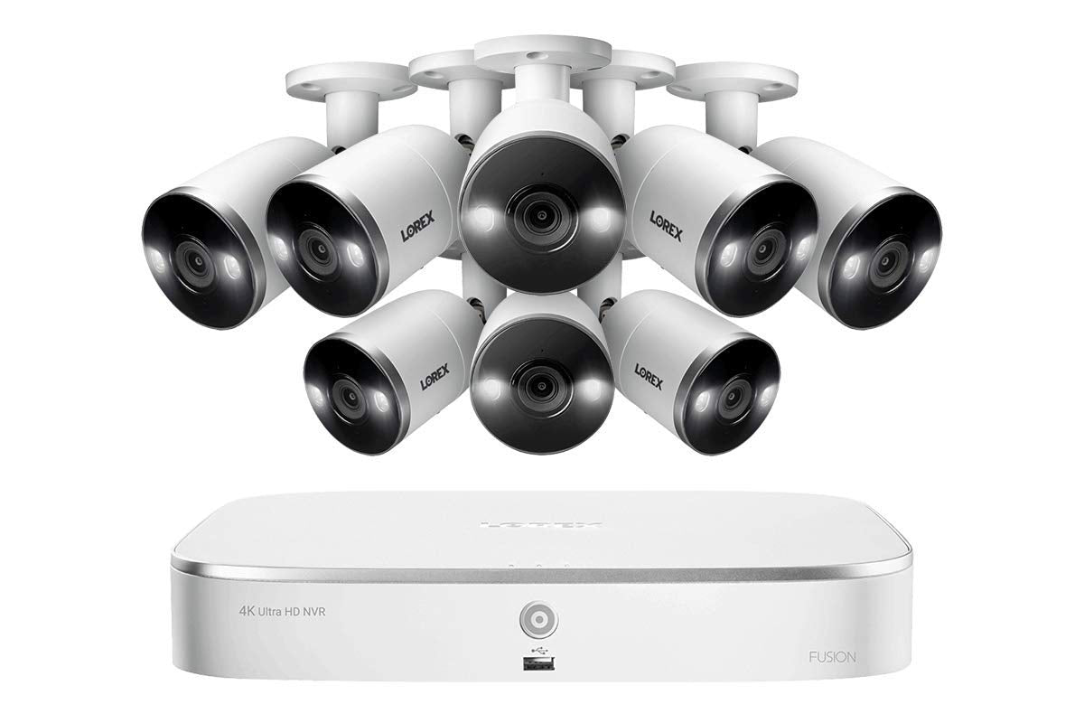Lorex N4K2SD-88WB Surveillance System Featuring N842A82 Fusion 4K 2TB NVR and 8 E892AB 4K 8MP Active Deterrence Bullet Camera