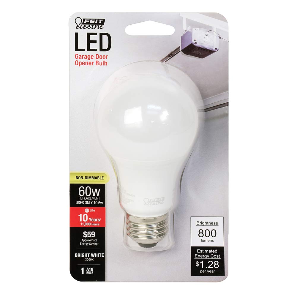 Feit Electric A19 LED Light Bulb, 60W Equivalent, E26 Medium Base, 800 Lumens, 3000K Bright White, Non-Dimmable Standard Garage Door Opener Light