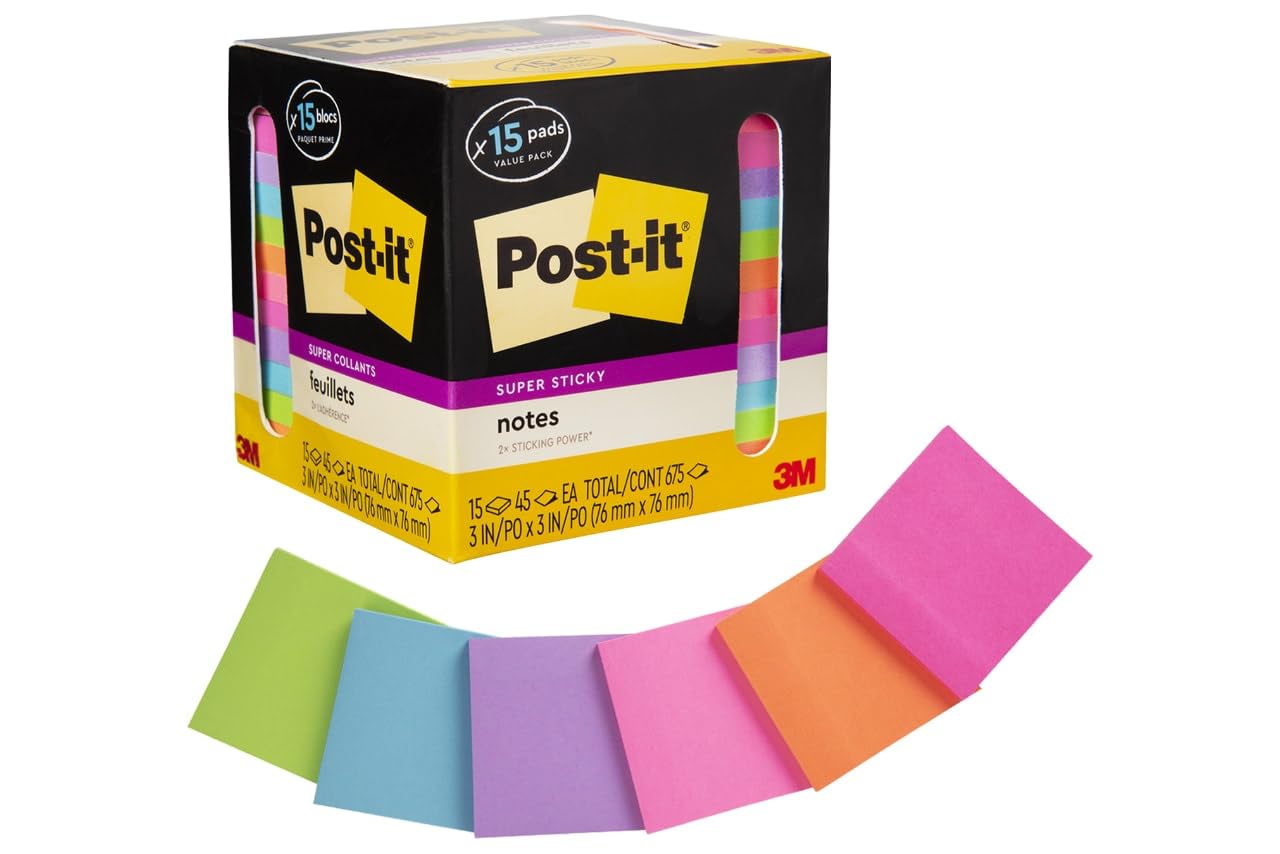 Post-it Super Sticky Notes, 3 x 3 in, Assorted Brights, 15 Pads
