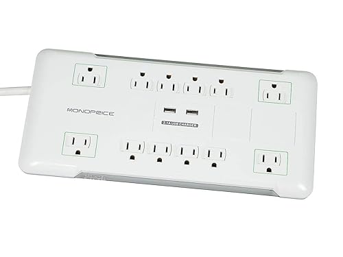 Monoprice Power & Surge - 12 Outlet Surge Protector Power Strip with 2 Built In 2.1A USB Charger Ports - 6 Feet - White | Cord UL Rated, 4, 230 Joules