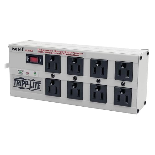 Tripp Lite Isobar 8 Outlet Surge Protector Power Strip, 12ft. Cord, Right Angle Plug, 3840 Joules, Diagnostic LEDs, Tel/Fax/Modem, Metal, (ISOTEL8