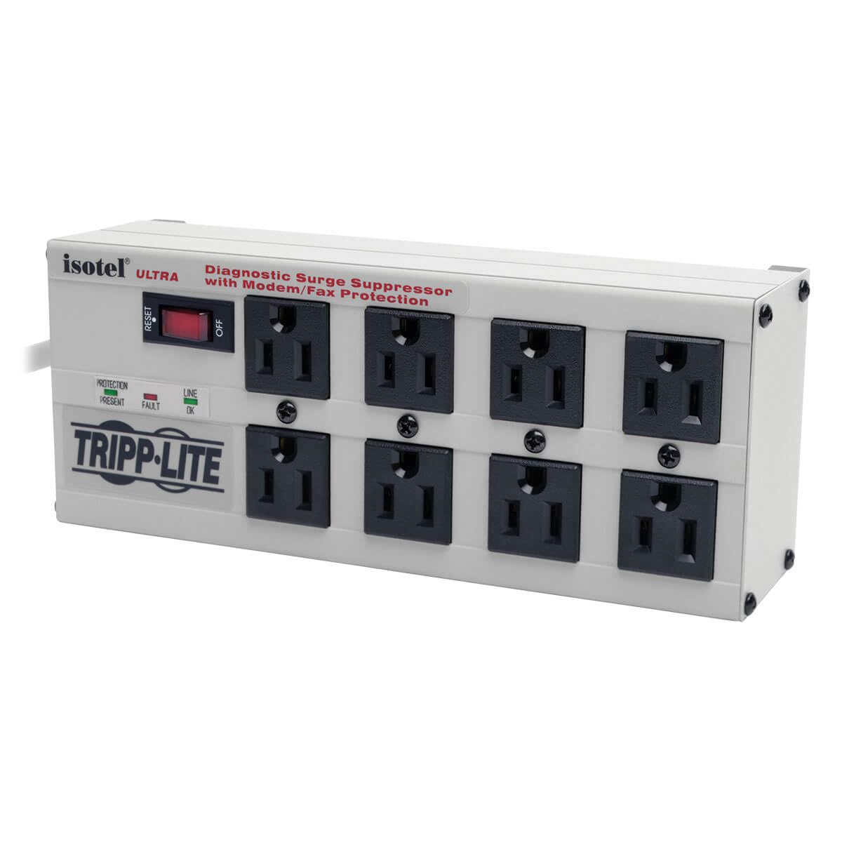 Tripp Lite Isobar 8 Outlet Surge Protector Power Strip, 12ft. Cord, Right Angle Plug, 3840 Joules, Diagnostic LEDs, Tel/Fax/Modem, Metal, (ISOTEL8