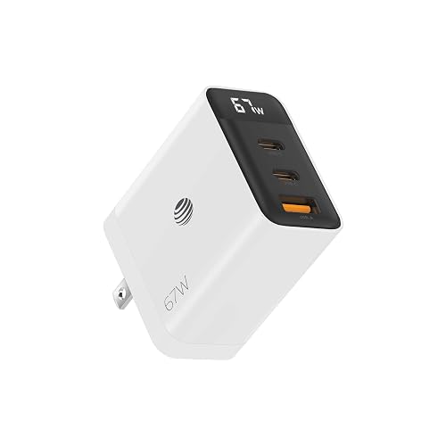 AT&T Essentials Multi Port 67W GaN Wall Charger with LED Display (2 USBC + 1 USBA) - White