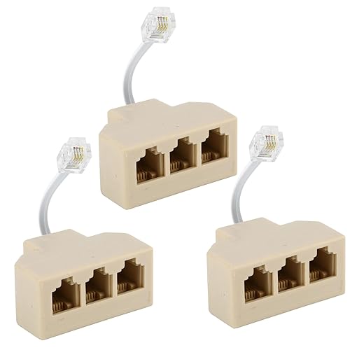 Yumiwoow RJ11 Cable 3 Way Telephone Splitter 3 Pack, Beige, Splitter 6P4C Connector Phone Line Cord Adapter with Cable for Landline Telephone Wire