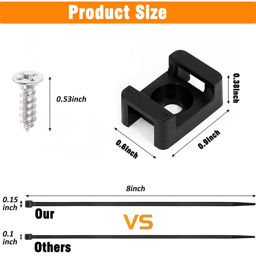 60 Set Black Cable Zip Tie Mounts Kit Wire Clips Organizer Holders Clamps with 0.9Inch Saddle Type Mounts Base with 8" Ties and Tapping Screw