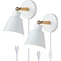 ClanKin Plug in Wall Sconces Lighting Set of 2, White Wood Style Wall Sconce Reading Lamp, Adjustable Wall Light for Bedroom Hallway Living Room (2