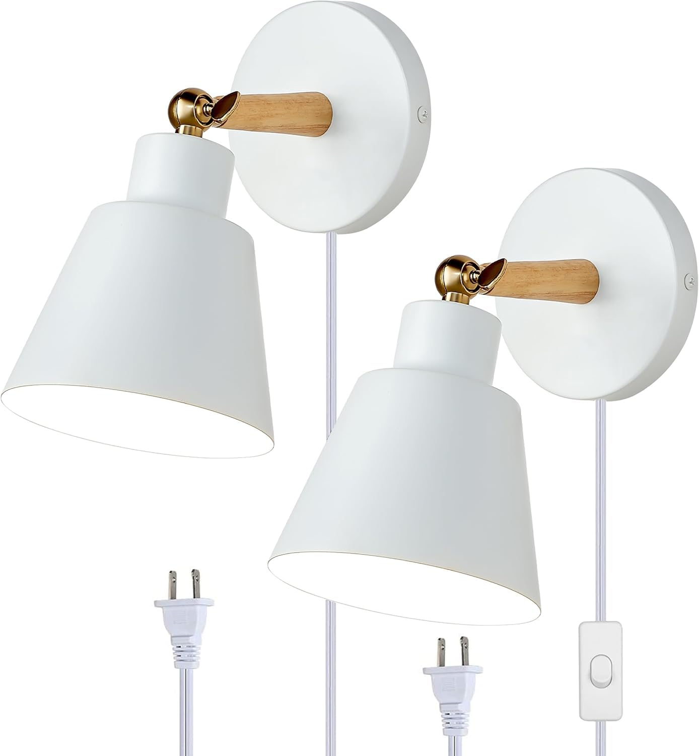 ClanKin Plug in Wall Sconces Lighting Set of 2, White Wood Style Wall Sconce Reading Lamp, Adjustable Wall Light for Bedroom Hallway Living Room (2