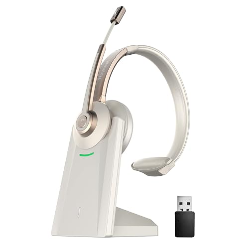 Bluetooth Headset, Wireless Headphones with Microphone Noise Canceling & USB Dongle, V5.0 Trucker Bluetooth Headset with Mic Mute & Charge Dock