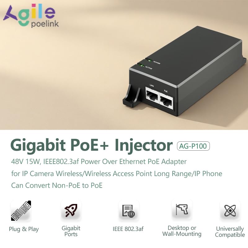 Gigabit PoE Injector 48V 15W, IEEE802.3af Power Over Ethernet PoE Adapter, Single Port PoE Power Injector for IP Camera Wireless/Wireless Access Point